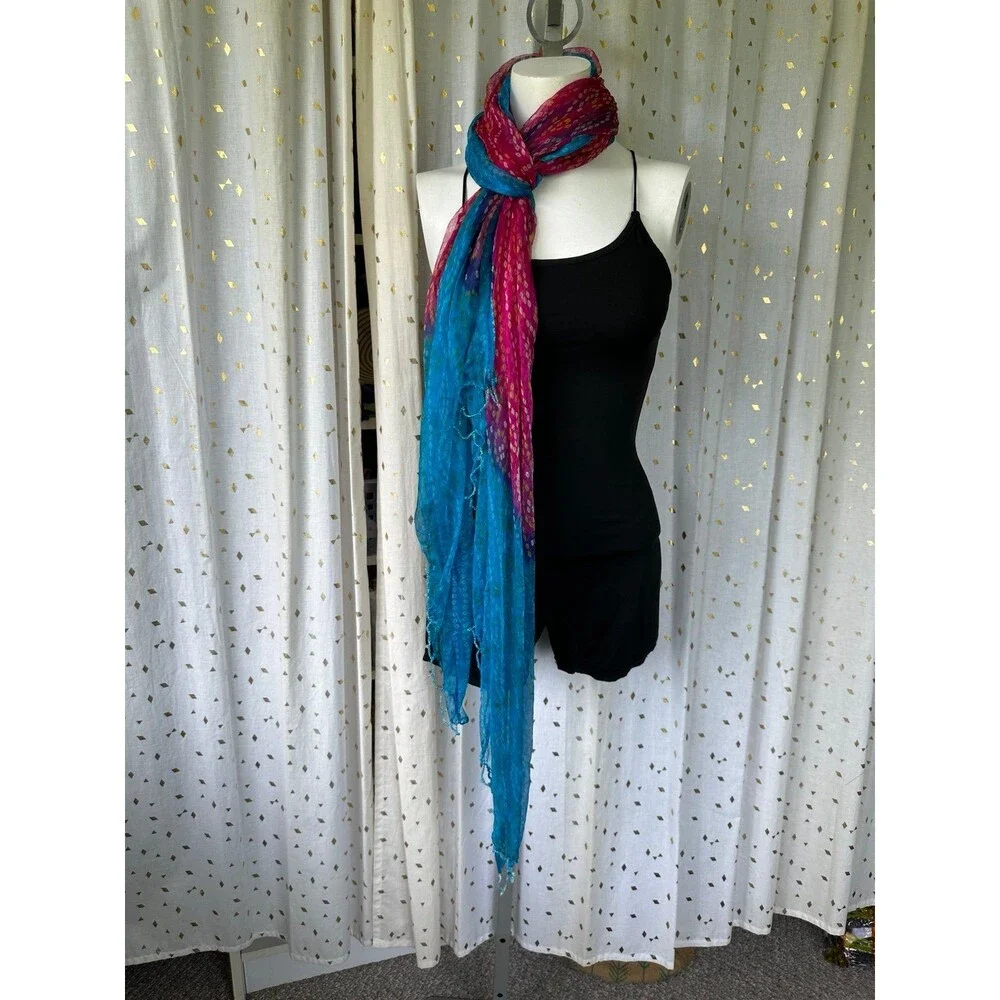 Unbranded Silky Sheer Bright Watercolor Ombre Beaded Trim Blue Pink Scarf Shawl